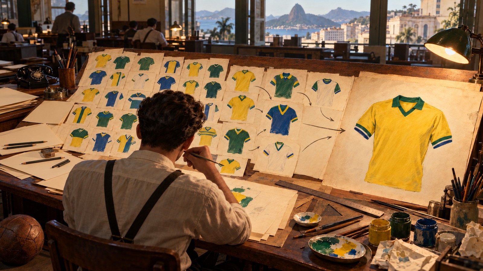 A Brazilian illustrator compares yellow green blue and white football kit sketches in 1953