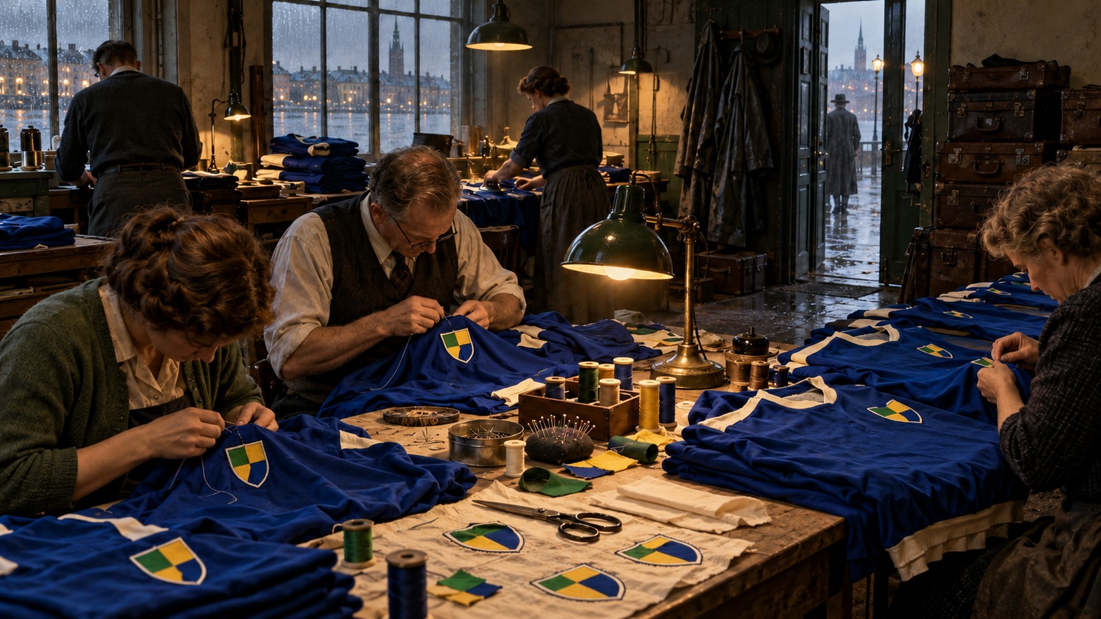 Blue shirts receive simple Brazil emblems in a Stockholm workroom before the 1958 final