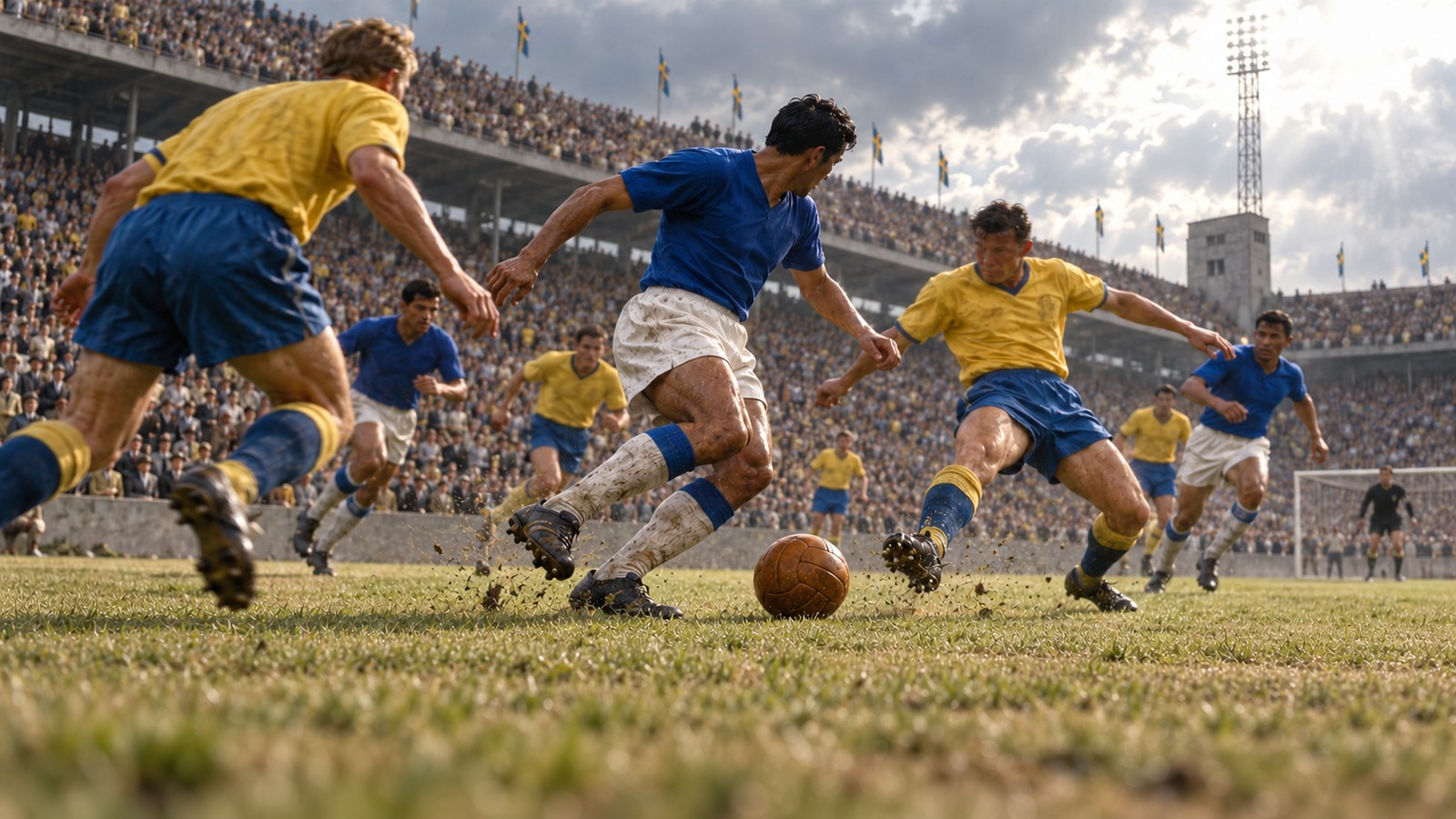 Brazil in plain blue shirts attacks Sweden in yellow at Råsunda during the 1958 final