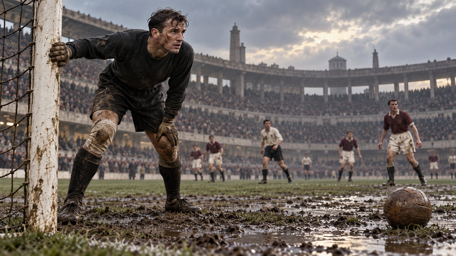 A fictional 1938 goalkeeper in a plain dark jersey braces himself beside a goalpost in a concrete Bordeaux stadium