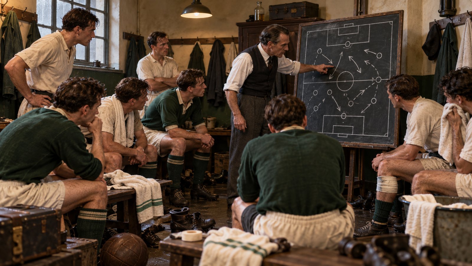 Fictional 1938 football reserves in plain period kits study a handwritten lineup in a cramped dressing room