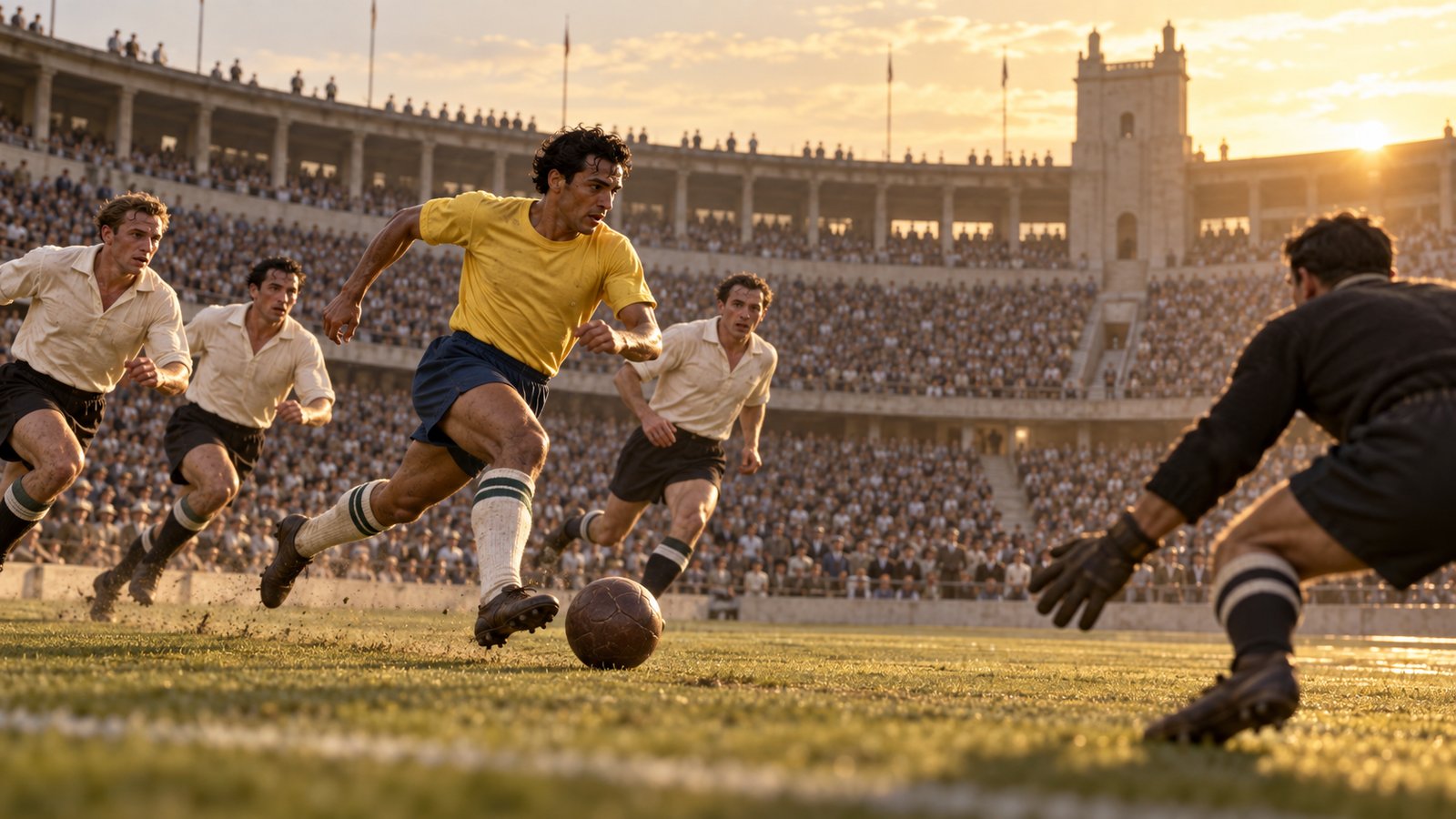 A fictional 1938 World Cup replay under amber afternoon light as a plain yellow-shirted forward breaks toward goal