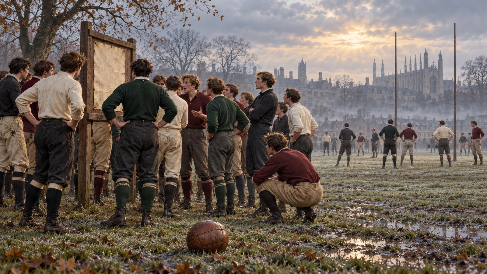 Victorian footballers gather beside a posted rule sheet on Parker’s Piece