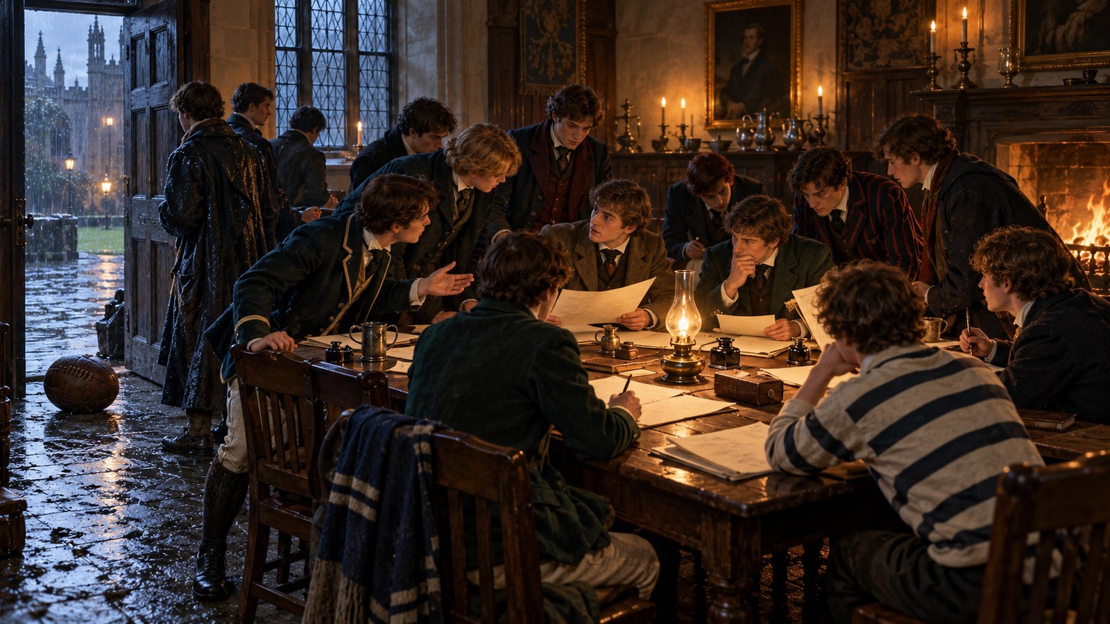 Victorian students compare handwritten football rules in a Cambridge college room after Hall