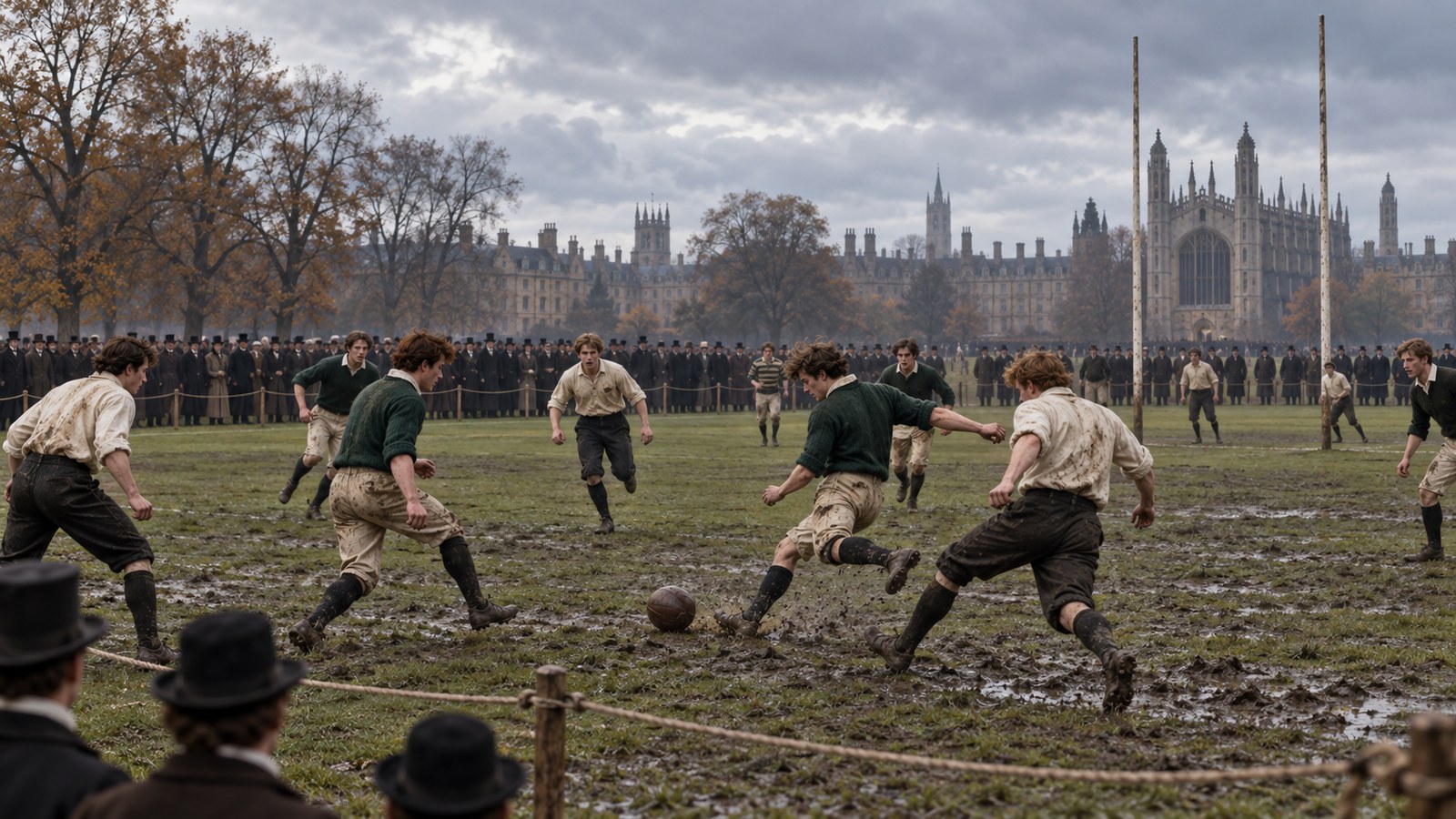 A Victorian football match unfolds across Parker's Piece between rope-marked boundaries and tall goal posts