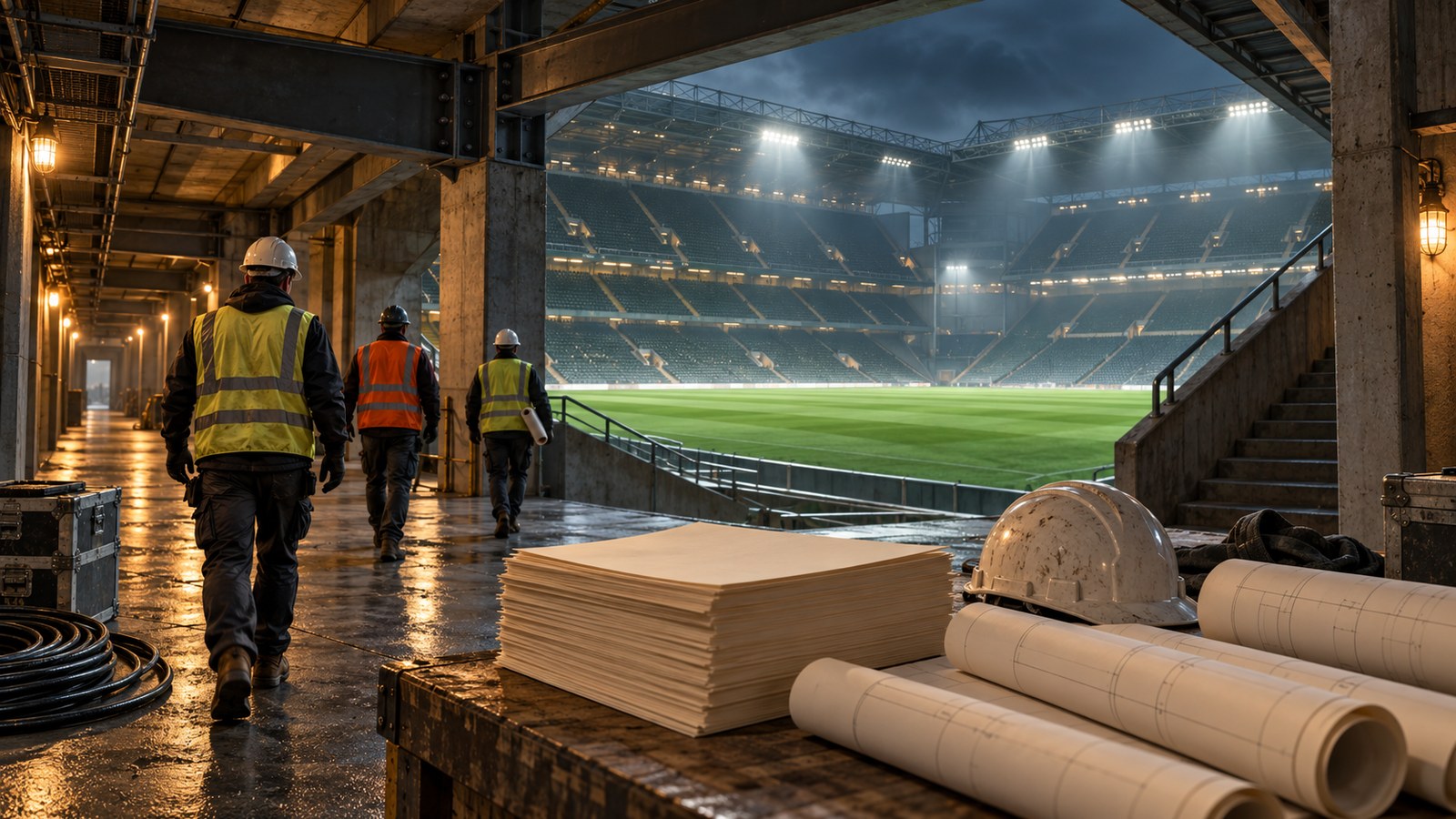 Contractors walk through the unfinished concourse of a vast fictional English football stadium