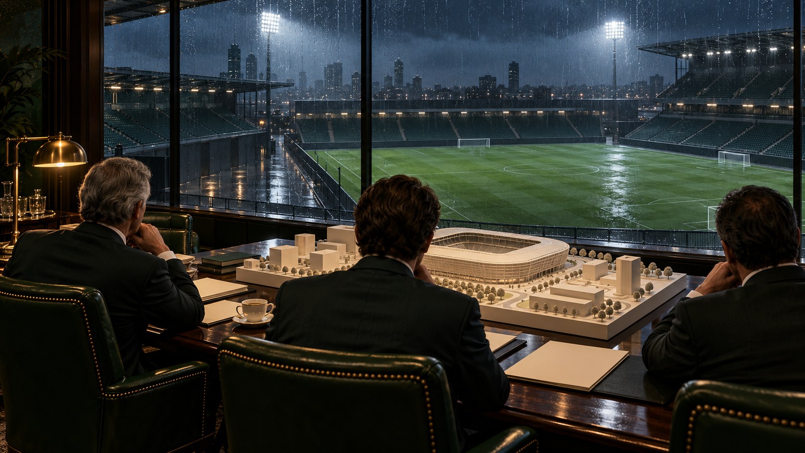 Directors study a stadium property model in a fictional rain-darkened boardroom
