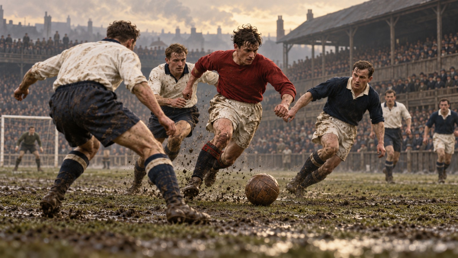 A generic 1920s inside-forward in a dark red shirt drives through a crowded English football pitch