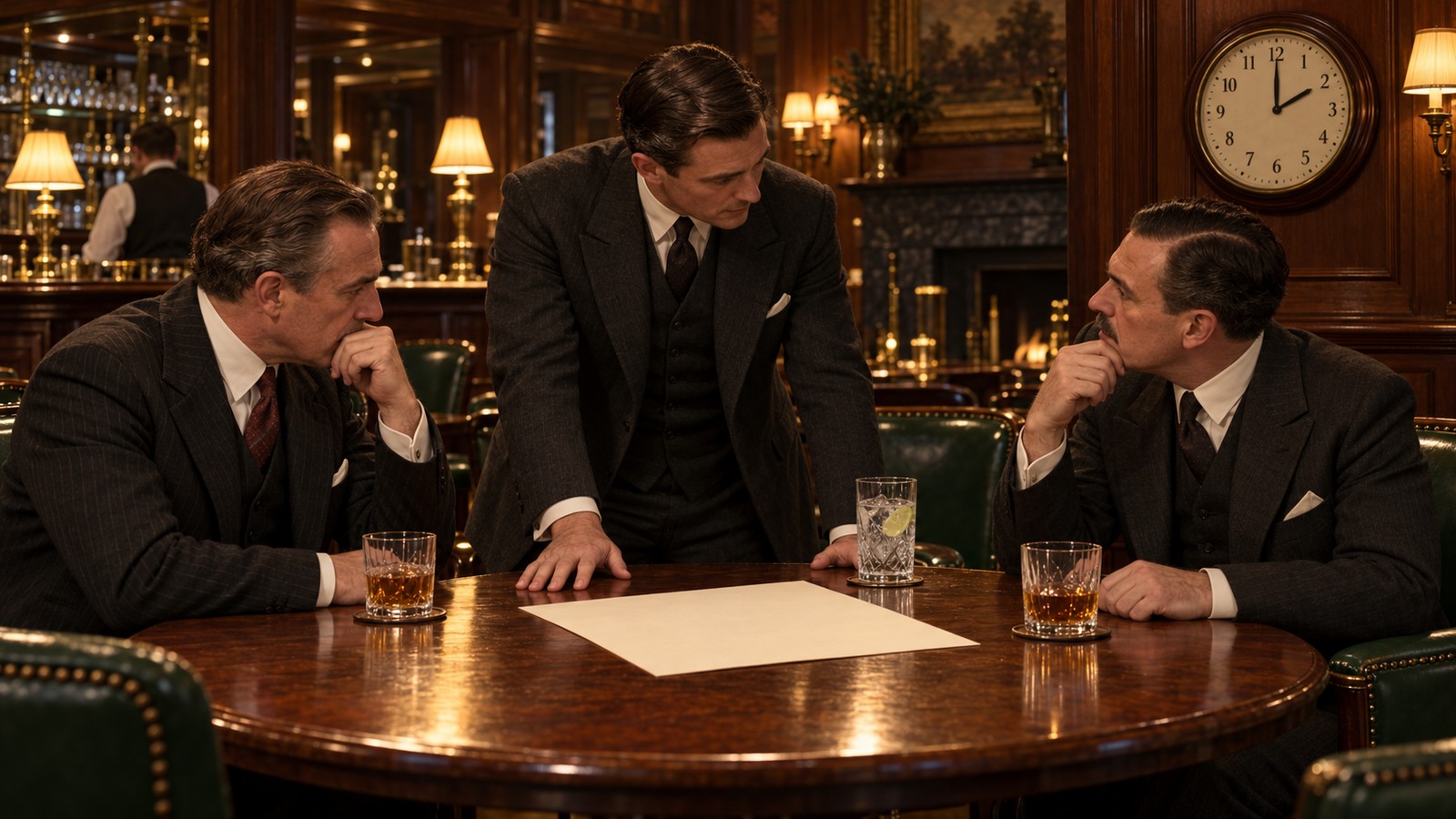 Two generic 1920s football directors negotiate beside glasses and papers in a wood-panelled hotel bar