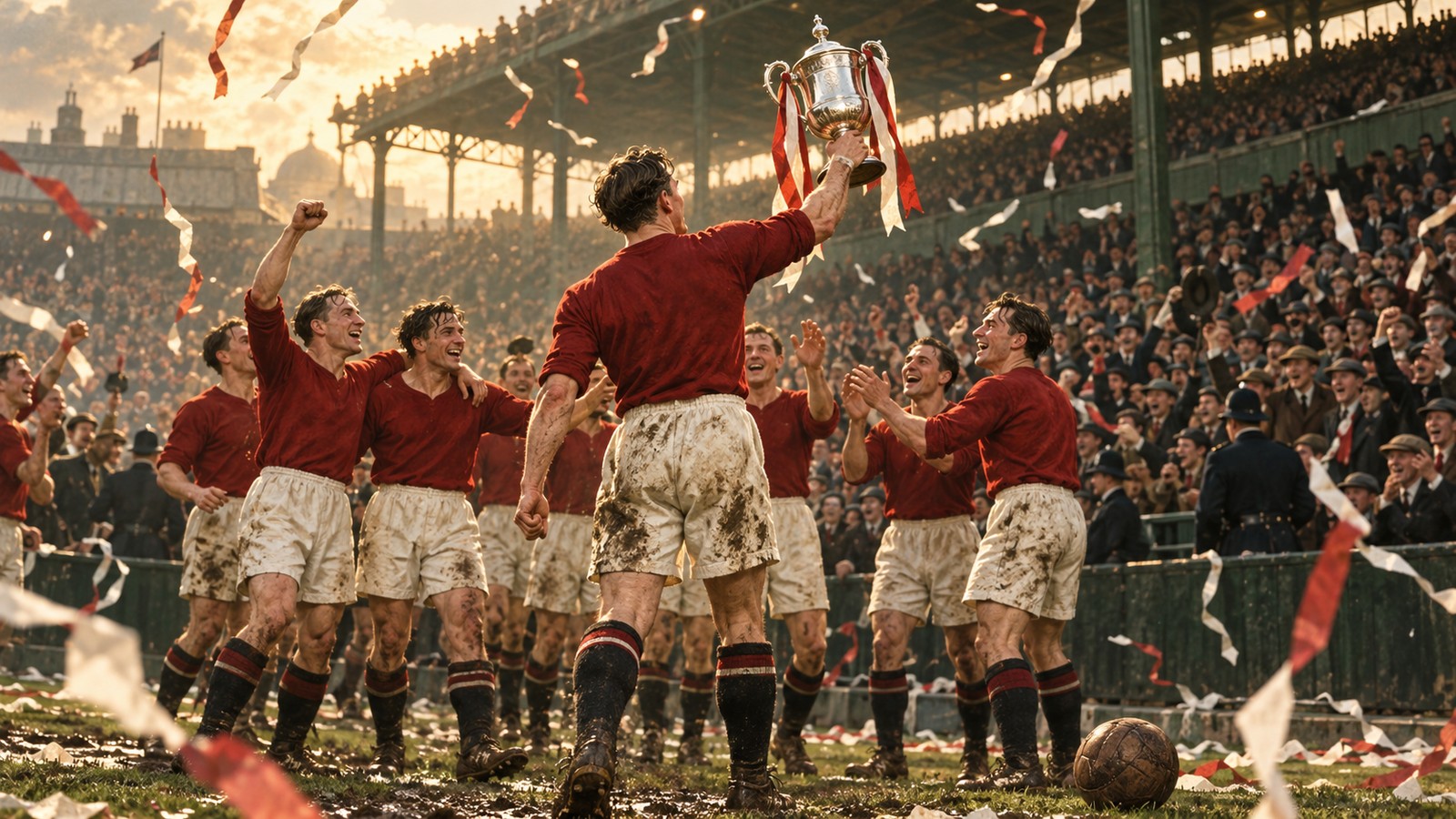 Generic 1930s footballers in dark red shirts celebrate with a silver cup before a packed old stadium