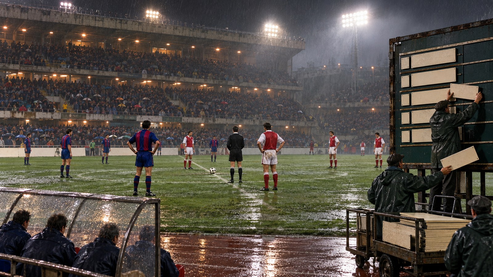 A 1991 European night match in a concrete stadium as players wait beneath a hand-operated group standings board