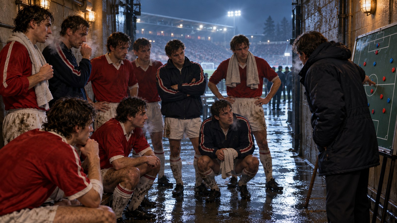 Players in plain early-1990s kits study a tactical board after a floodlit European match