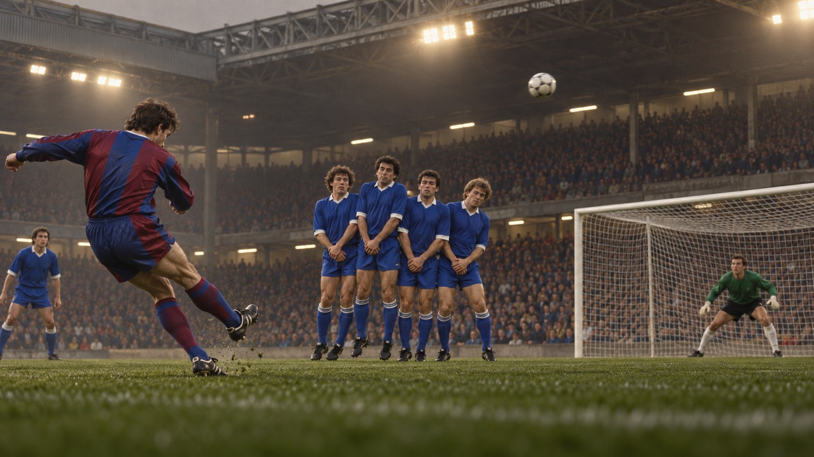 A fictional Barcelona player strikes a late extra-time free kick beneath Wembley floodlights in 1992