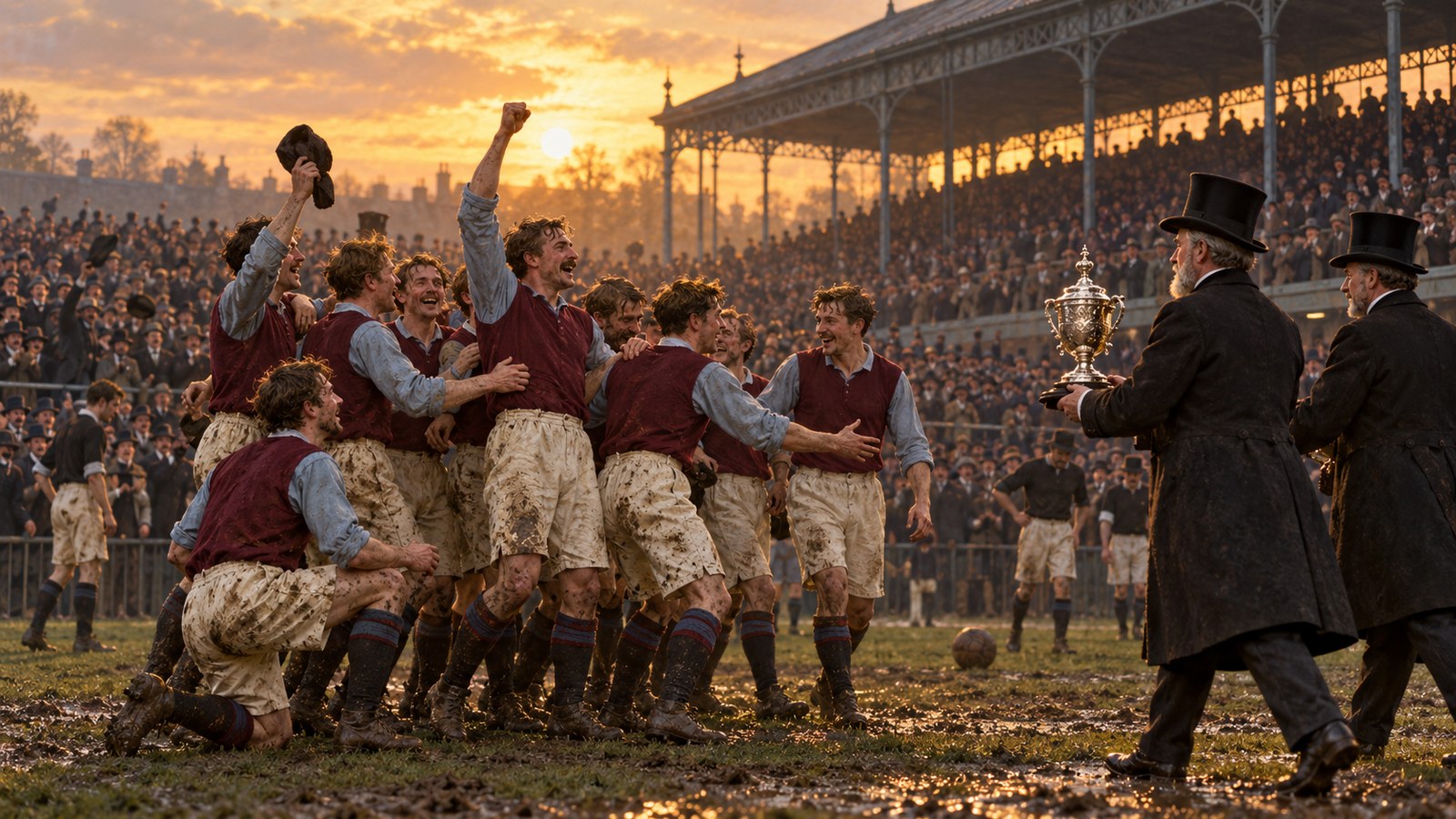 Fictional Victorian footballers celebrate an 1895 cup-final victory beside a compact silver trophy