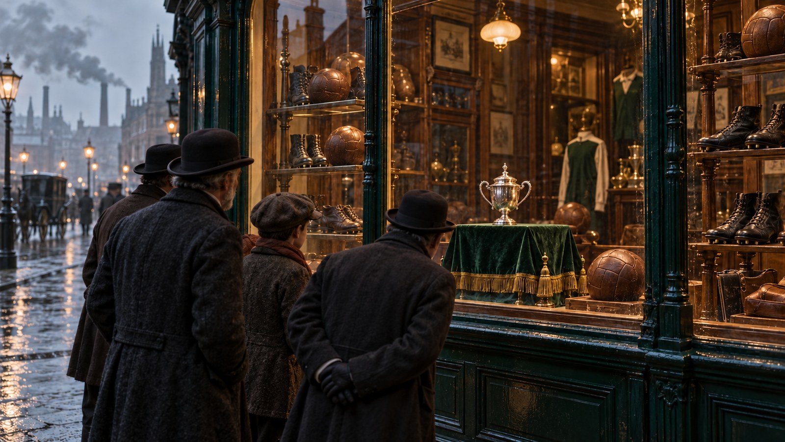 Victorian supporters admire a compact silver football trophy in a Birmingham sporting-goods shop