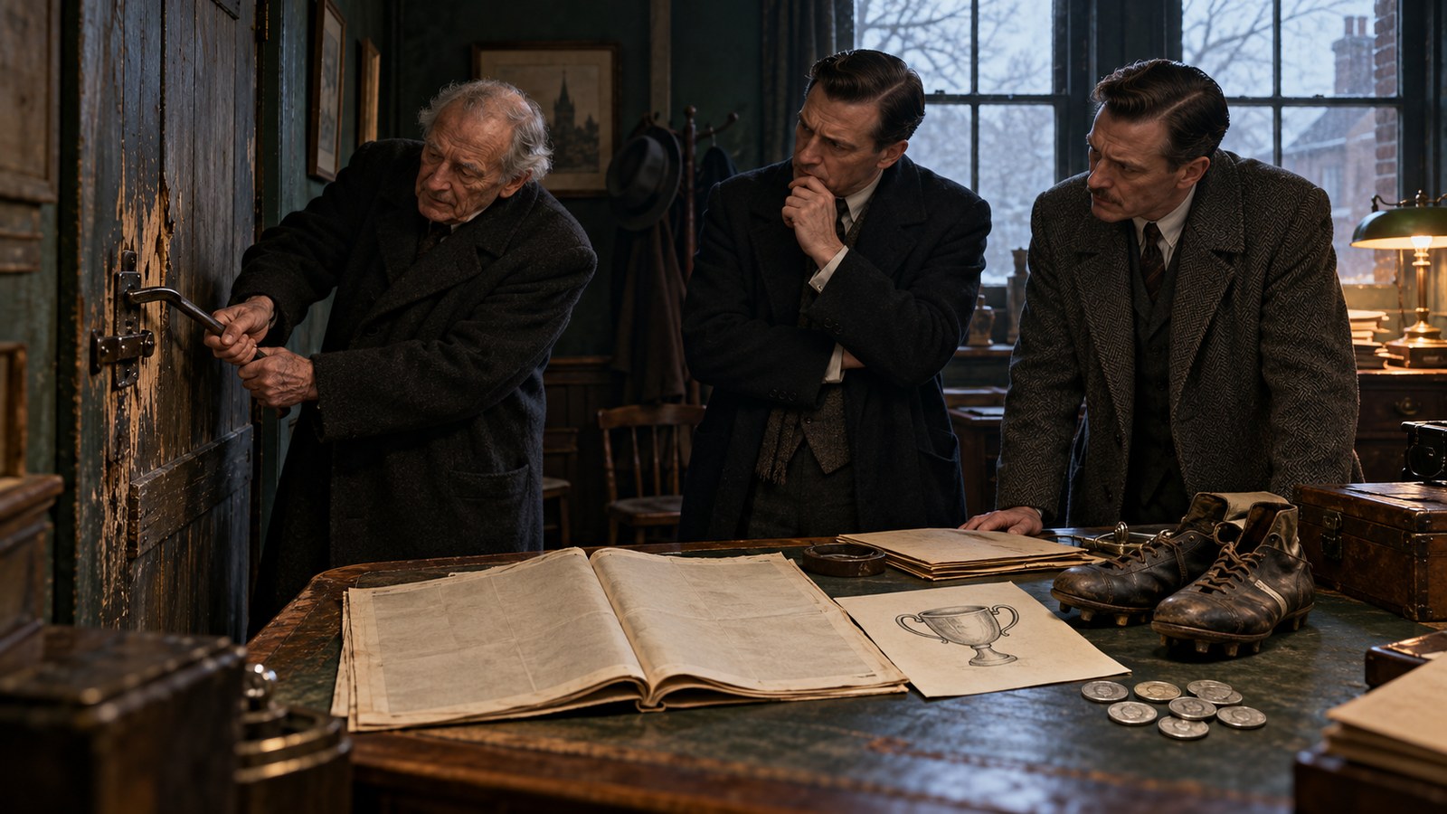 A fictional elderly man demonstrates a 1958 burglary confession to two skeptical detectives