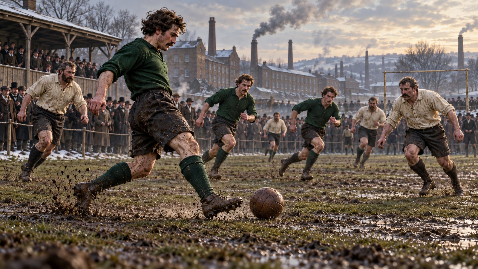 Fictional 1870s footballers demonstrate Scottish combination passing on a muddy Lancashire field