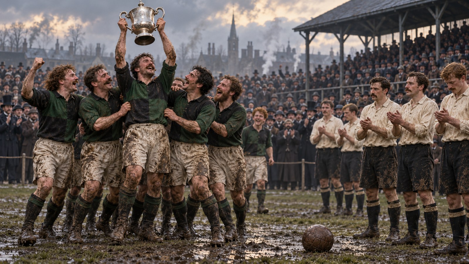 Fictional Blackburn footballers celebrate a third consecutive cup victory in the 1880s