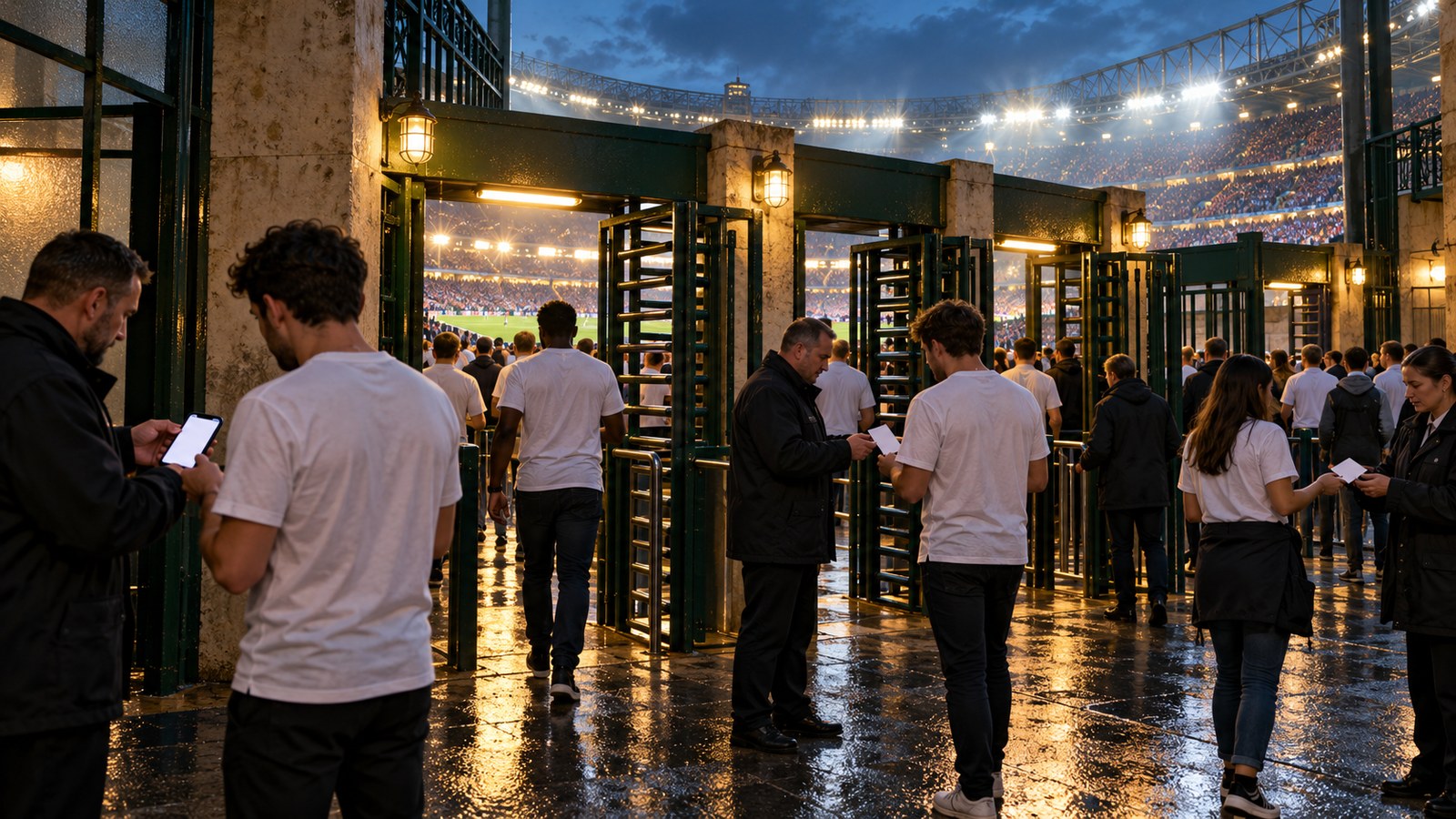 Fictional white-shirt football supporters exchange blank tickets at stadium turnstiles