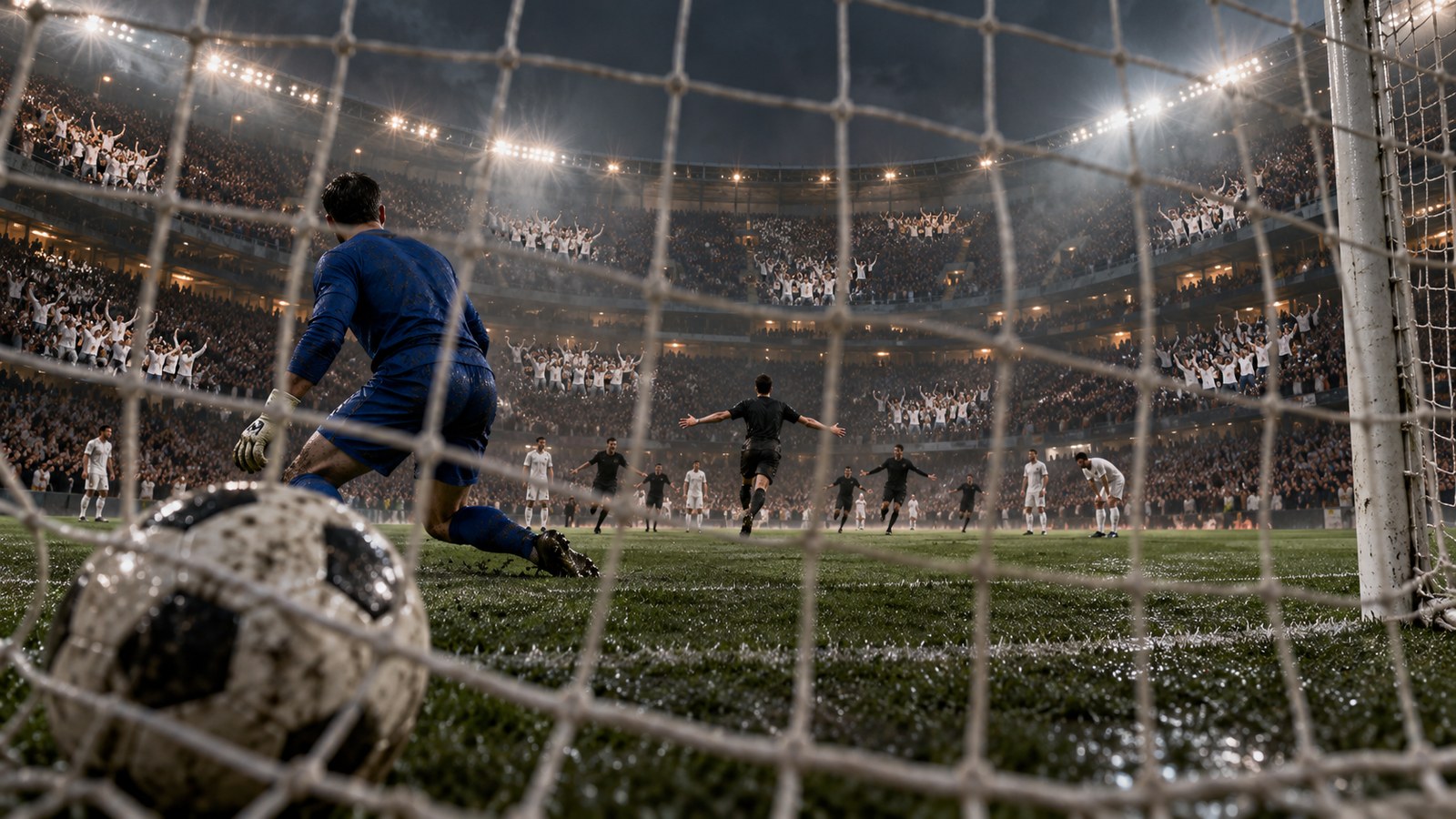 A fictional black-kit player celebrates a penalty before white-shirt supporter clusters