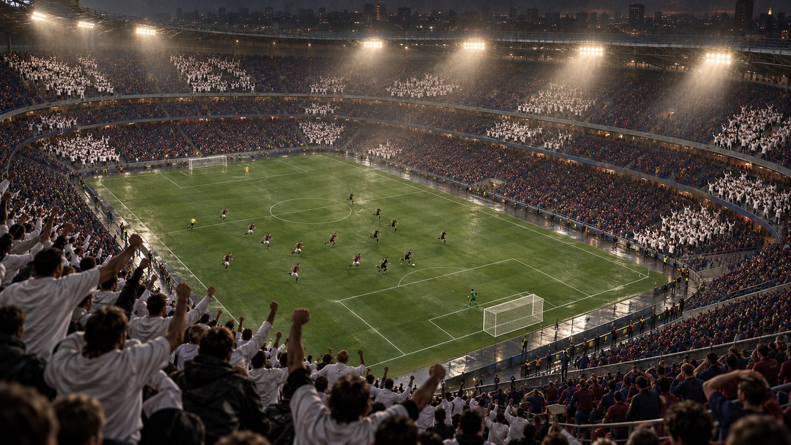 Fictional black-kit footballers counterattack as white-shirt supporters rise around the stadium