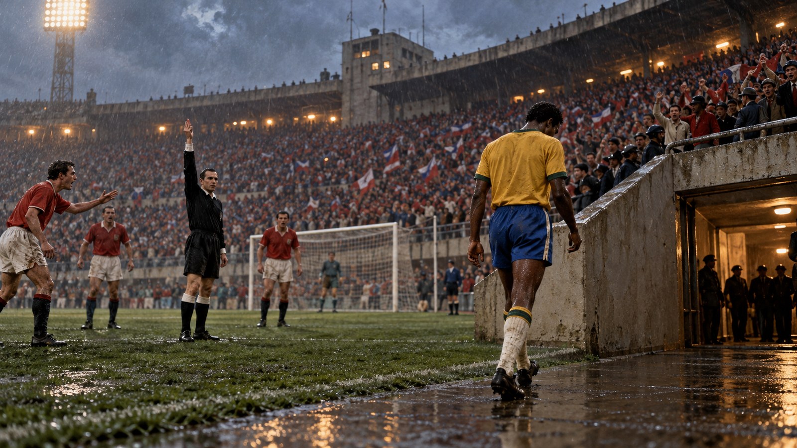Garrincha walks off in Santiago after being dismissed in the 1962 World Cup semi-final.