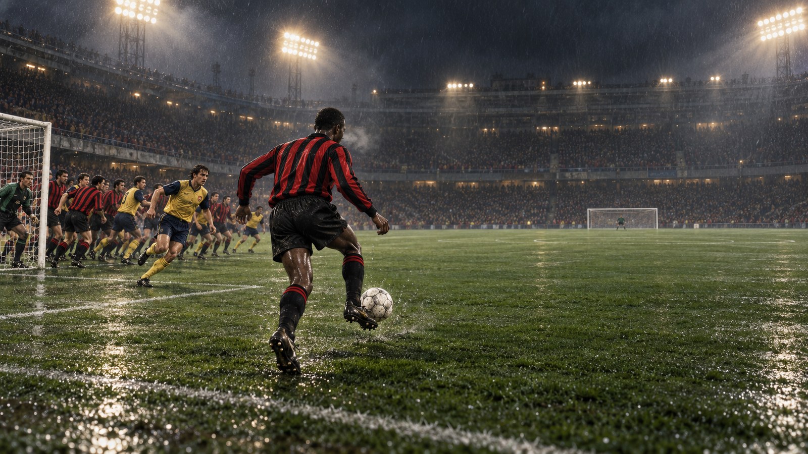 A fictional red-and-black striker controls a clearance near his own penalty area after a corner