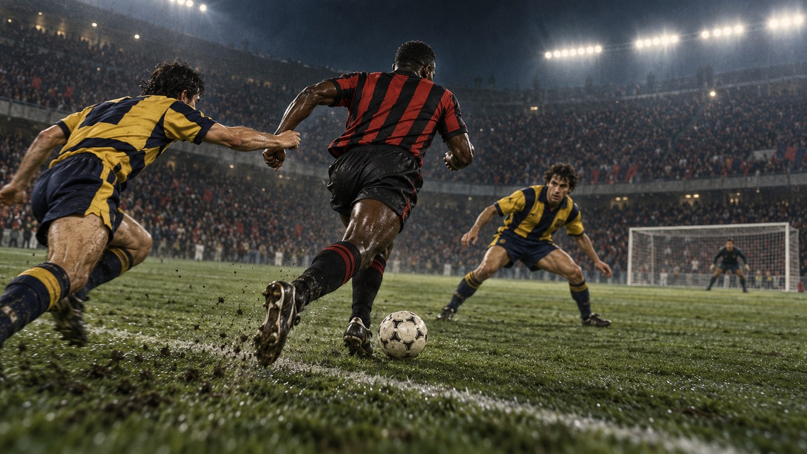 A fictional red-and-black striker carries the ball past two defenders during a full-pitch run