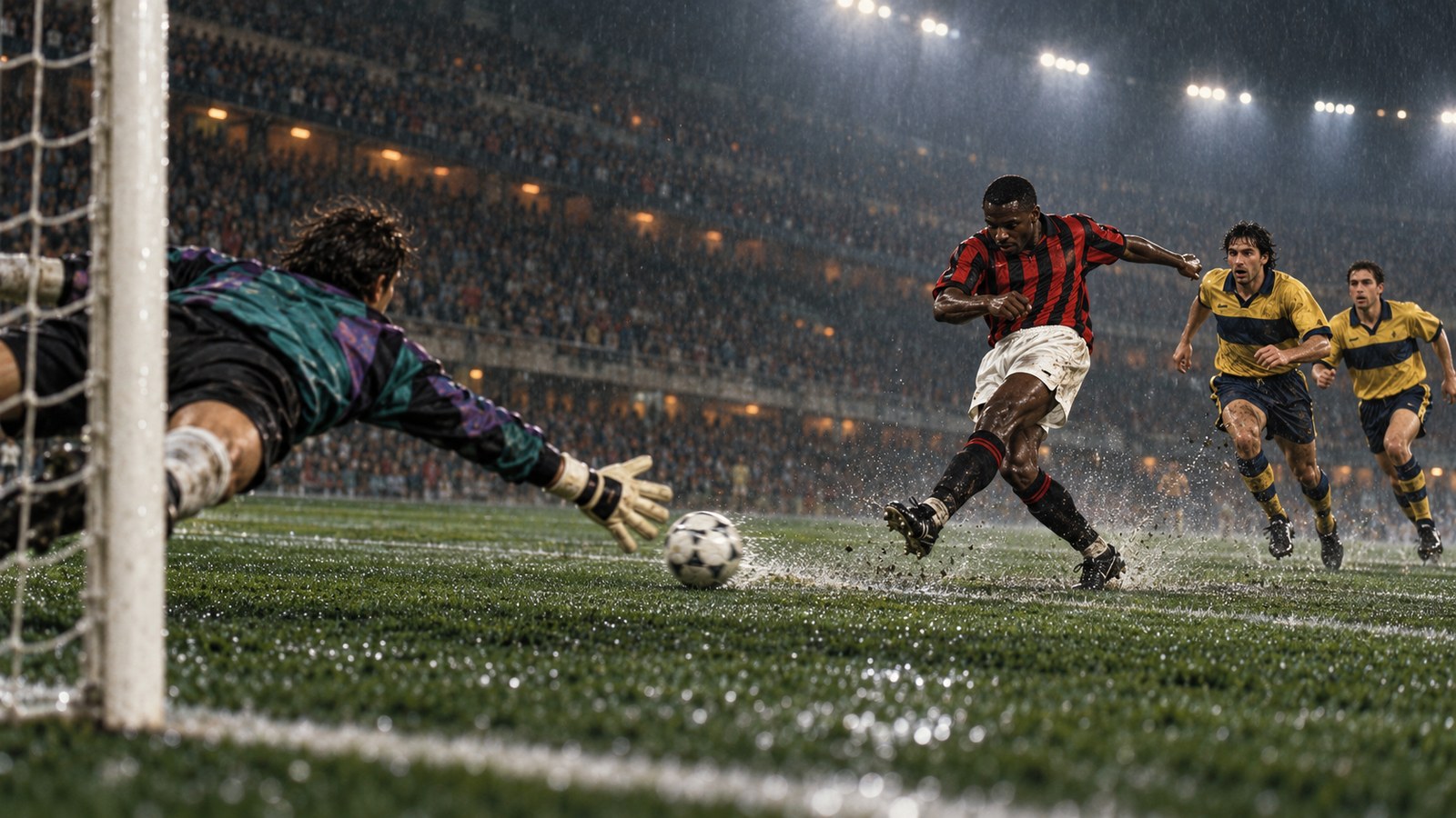 A fictional red-and-black striker shoots low as a goalkeeper dives in a rain-soaked stadium