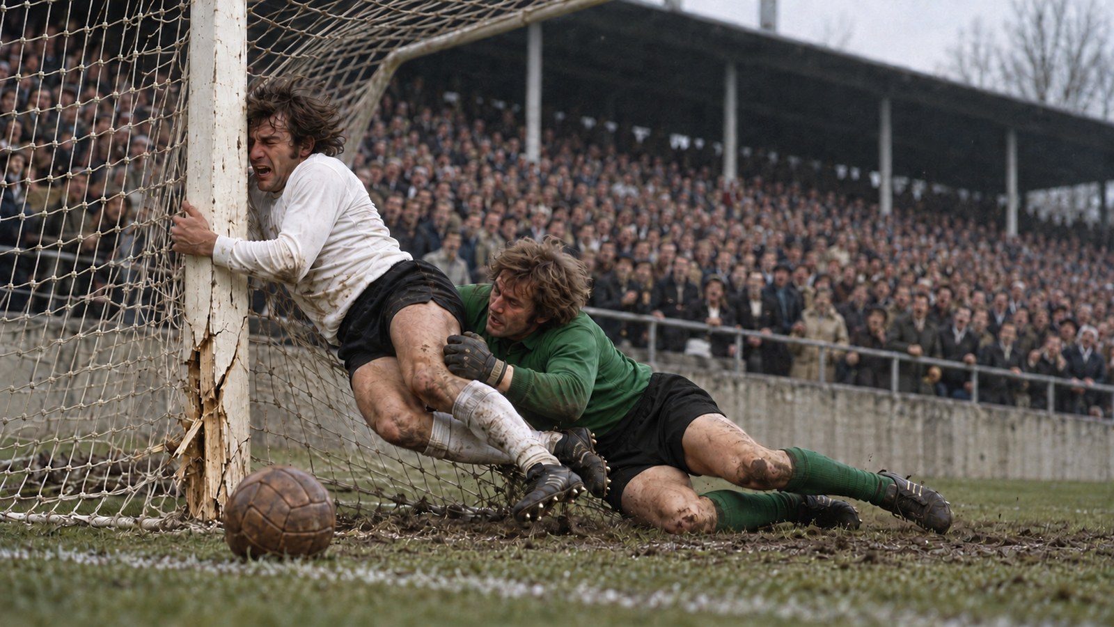 A plain white-shirted forward collides with a goalkeeper beside a broken wooden goalpost in a 1971 German stadium