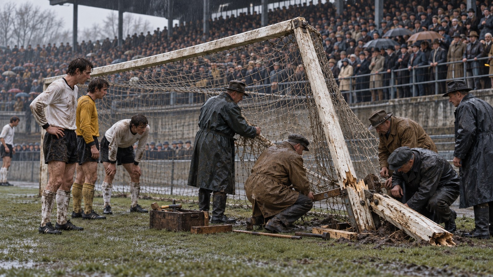 Ground staff and players examine a collapsed wooden football goal while a packed terrace waits