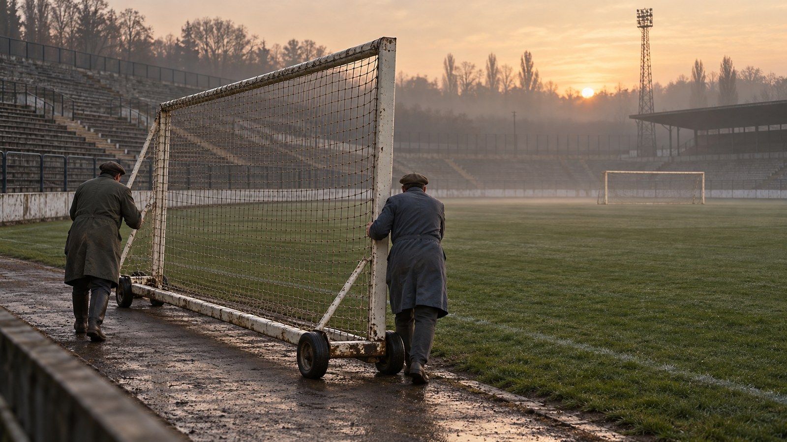 A groundsman wheels a replacement metal football goal past an empty German terrace after the 1971 incident
