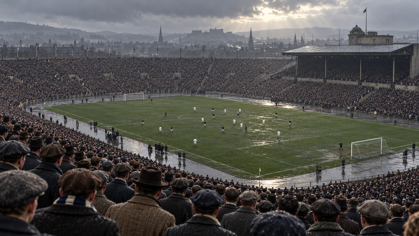 A vast fictionalized view of packed Hampden terraces around a rain-darkened pitch in 1937