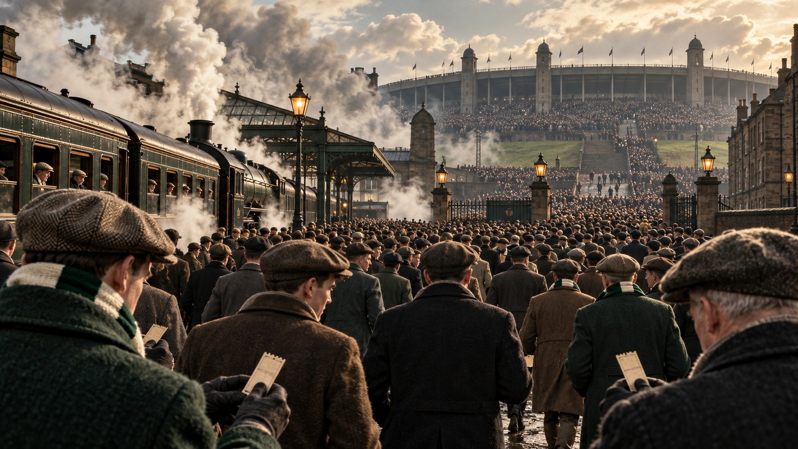 A vast 1937 football crowd streams from Glasgow trains toward the expanded Hampden terraces