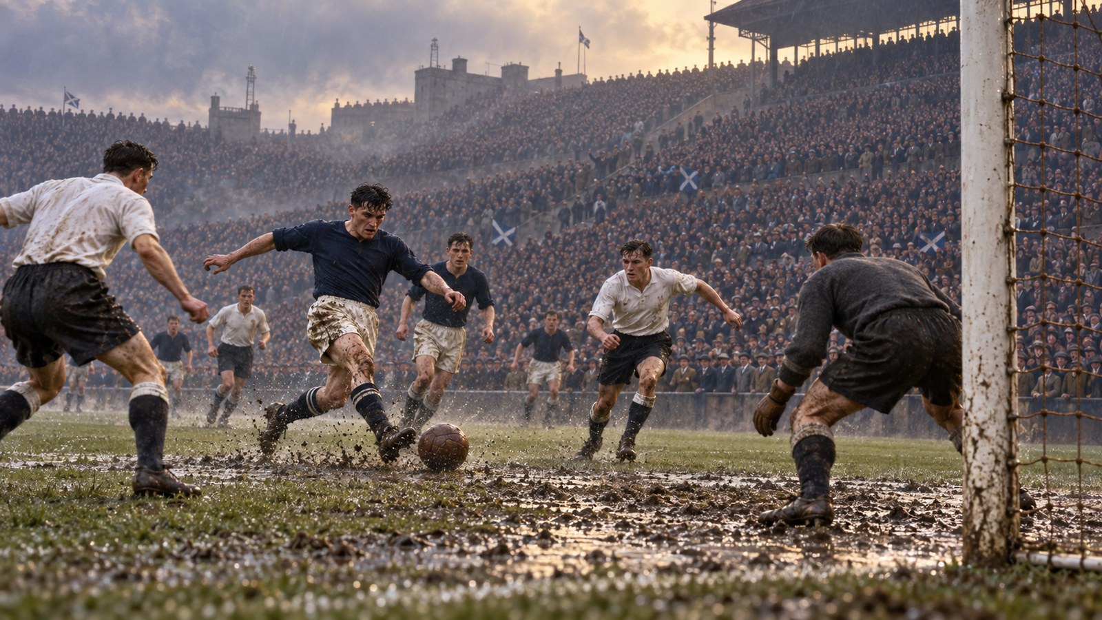 Packed Hampden terraces surge with noise as Scotland attacks England in the second half in 1937