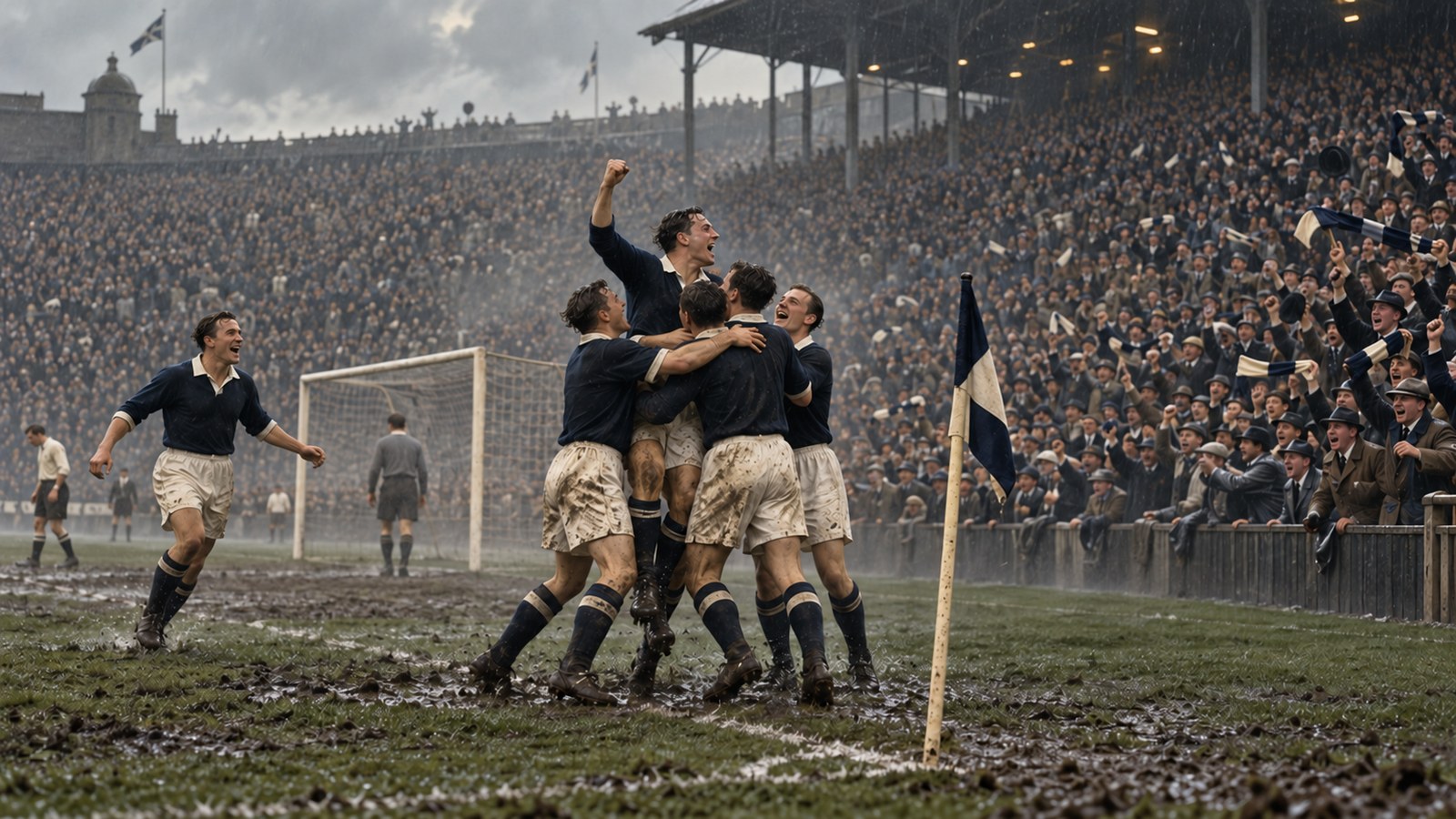 Scottish players celebrate Bob McPhail's late goal before an immense 1937 Hampden crowd