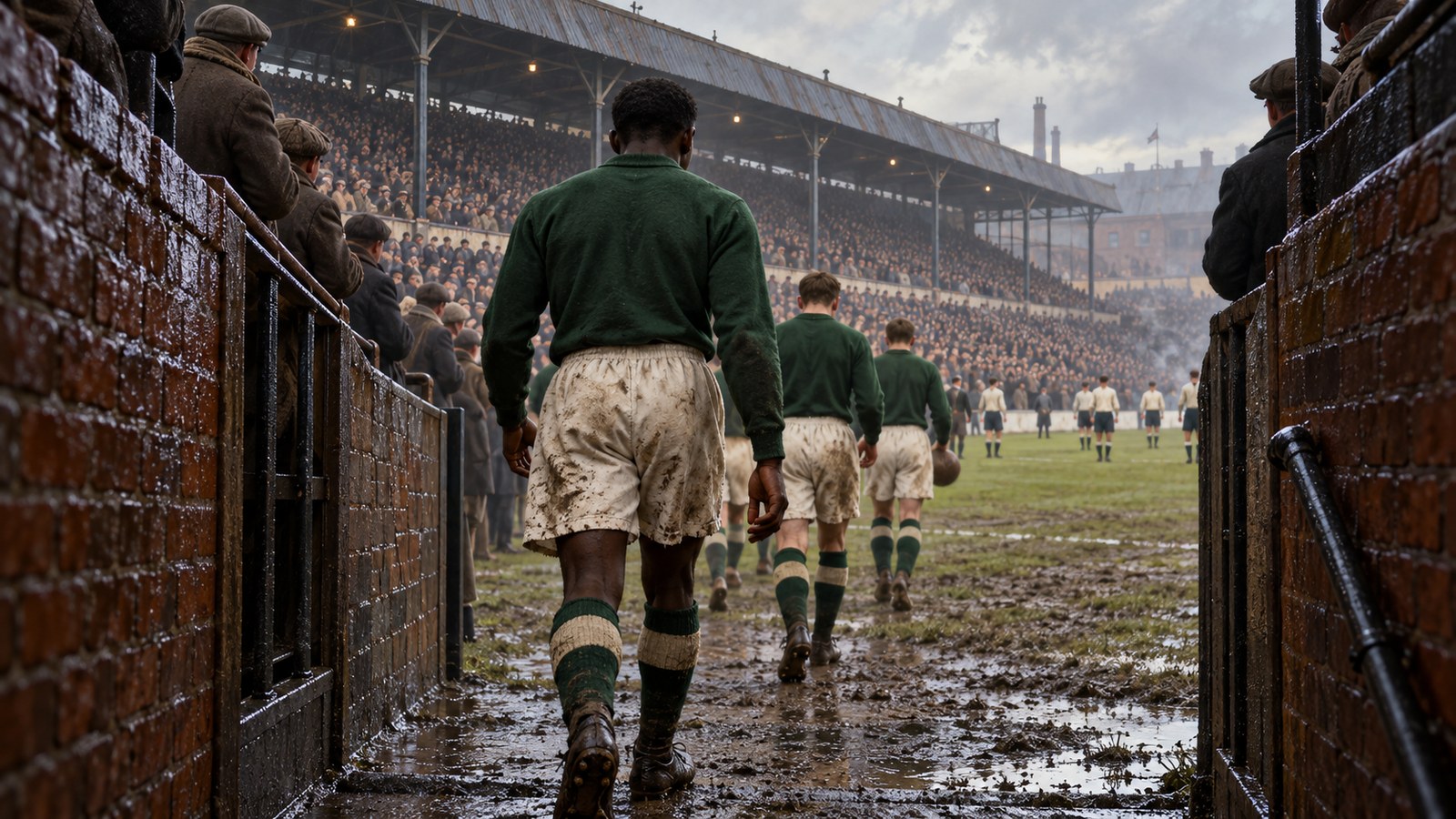 Jack Leslie-inspired fictional inside-left in a plain green 1920s kit walking from the Home Park tunnel