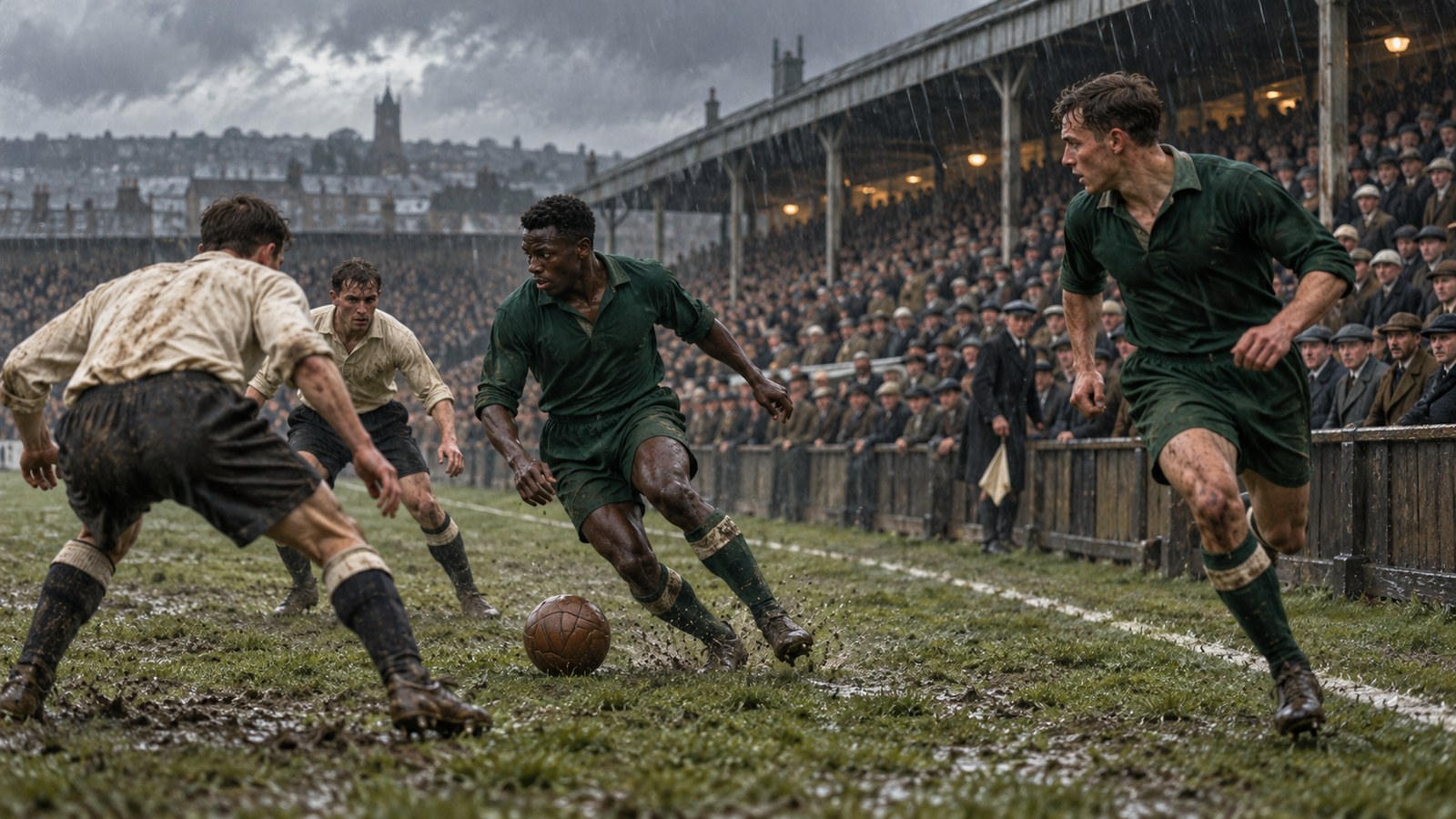 Two fictional Plymouth forwards in plain green 1920s kits combine on a muddy pitch