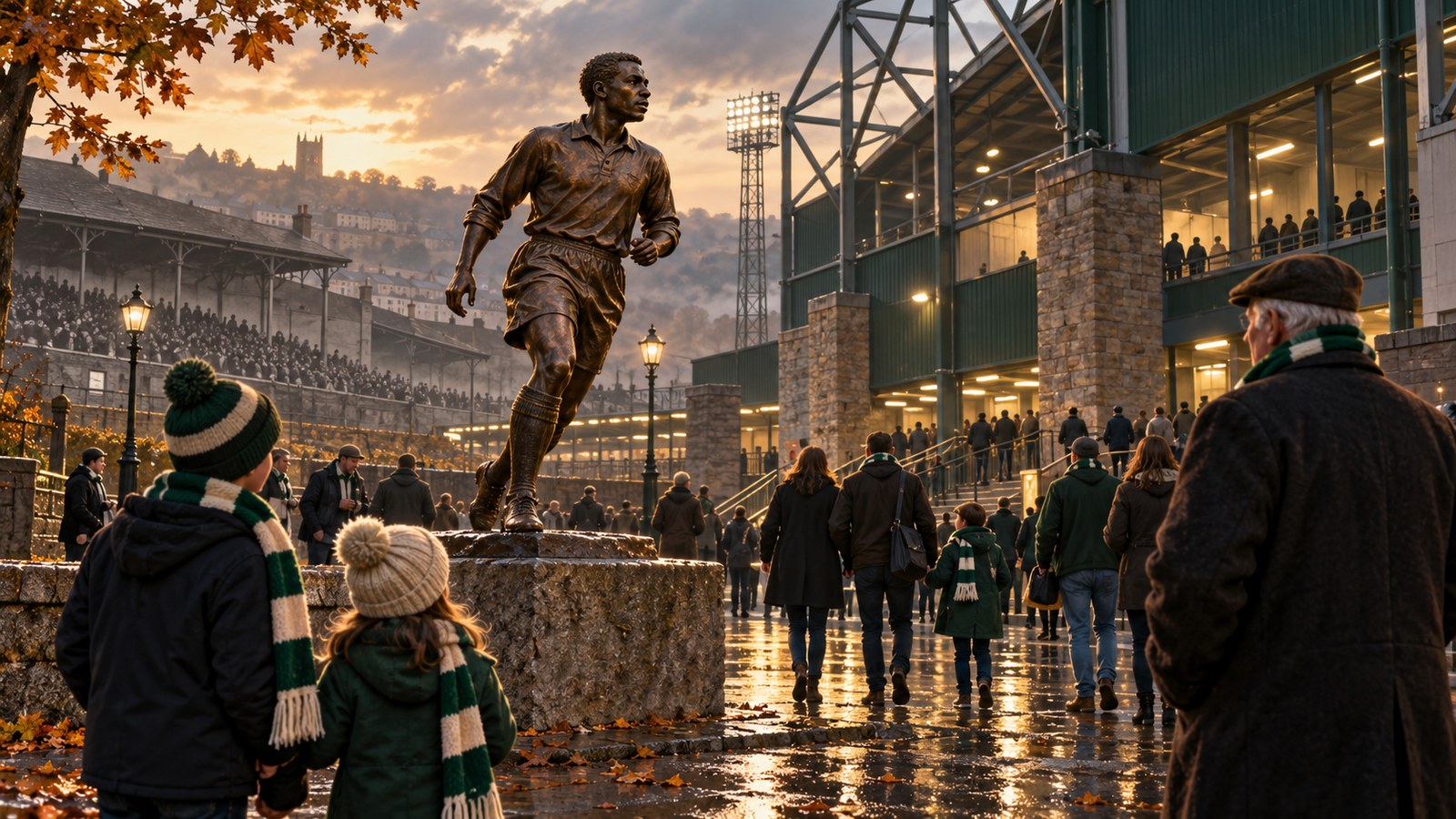 Supporters approach a fictional bronze footballer statue outside a 1920s-inspired stadium entrance