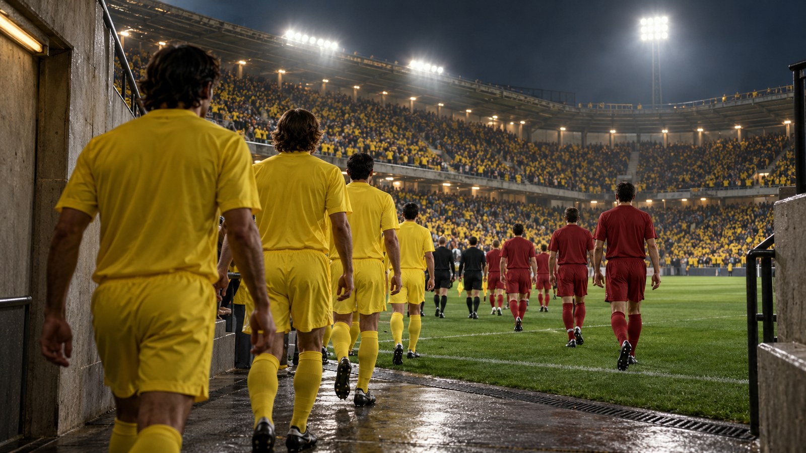 Villarreal players in plain yellow kits emerge into a compact Spanish stadium before a European night match