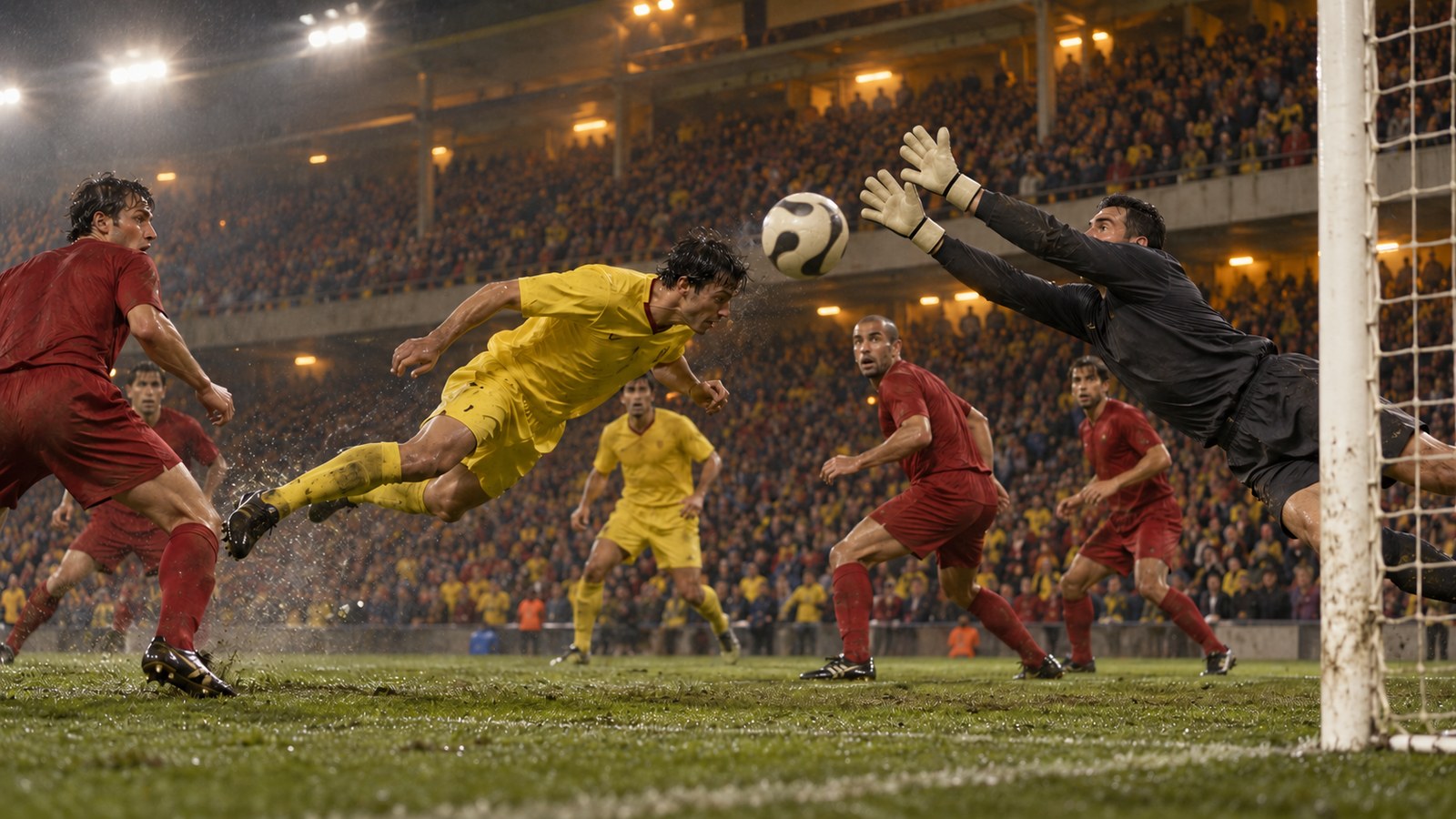A goalkeeper in a dark plain kit reaches a diving header under floodlights in a compact stadium