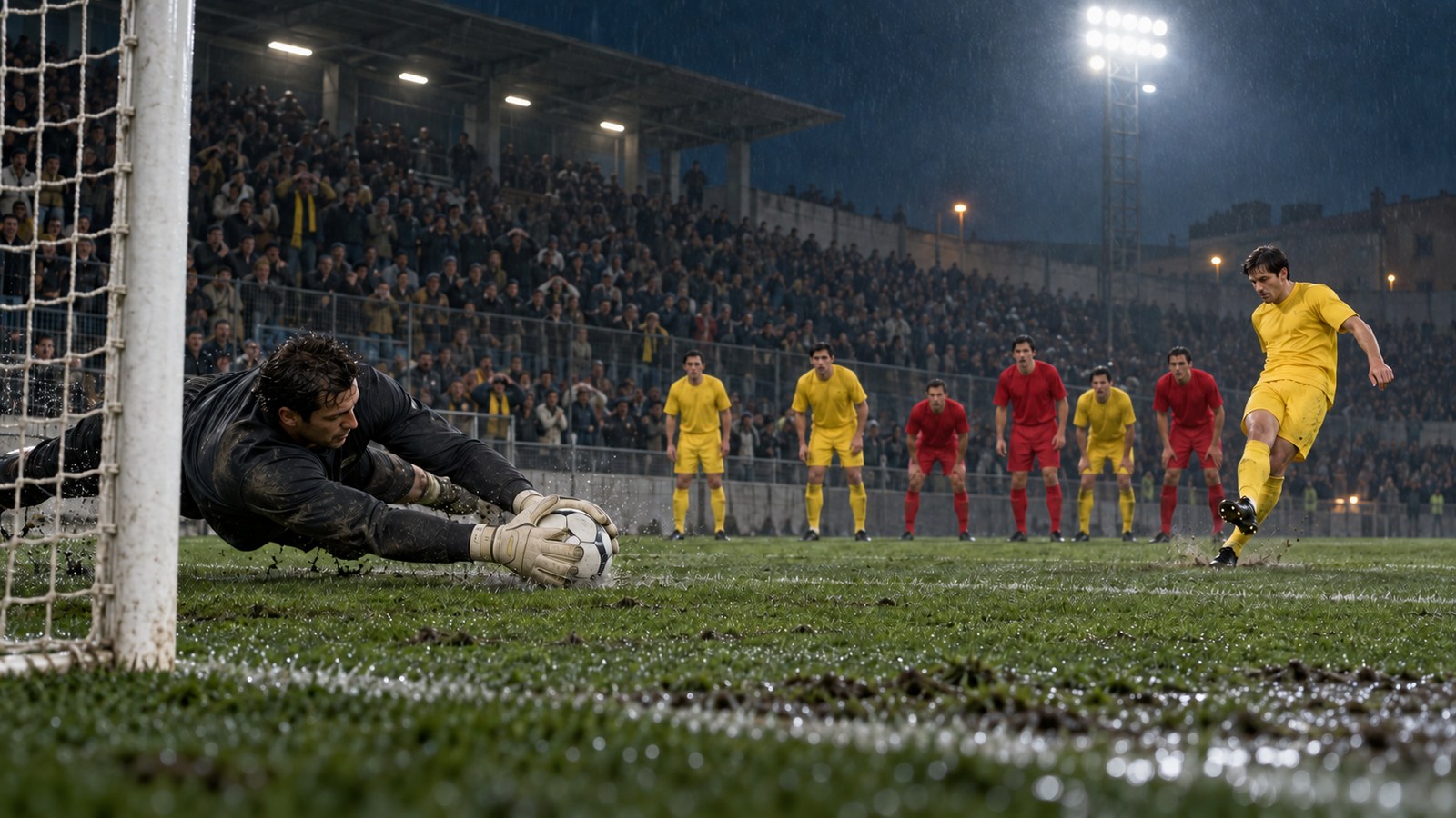 A goalkeeper dives left to hold a late penalty as players wait at the edge of the area