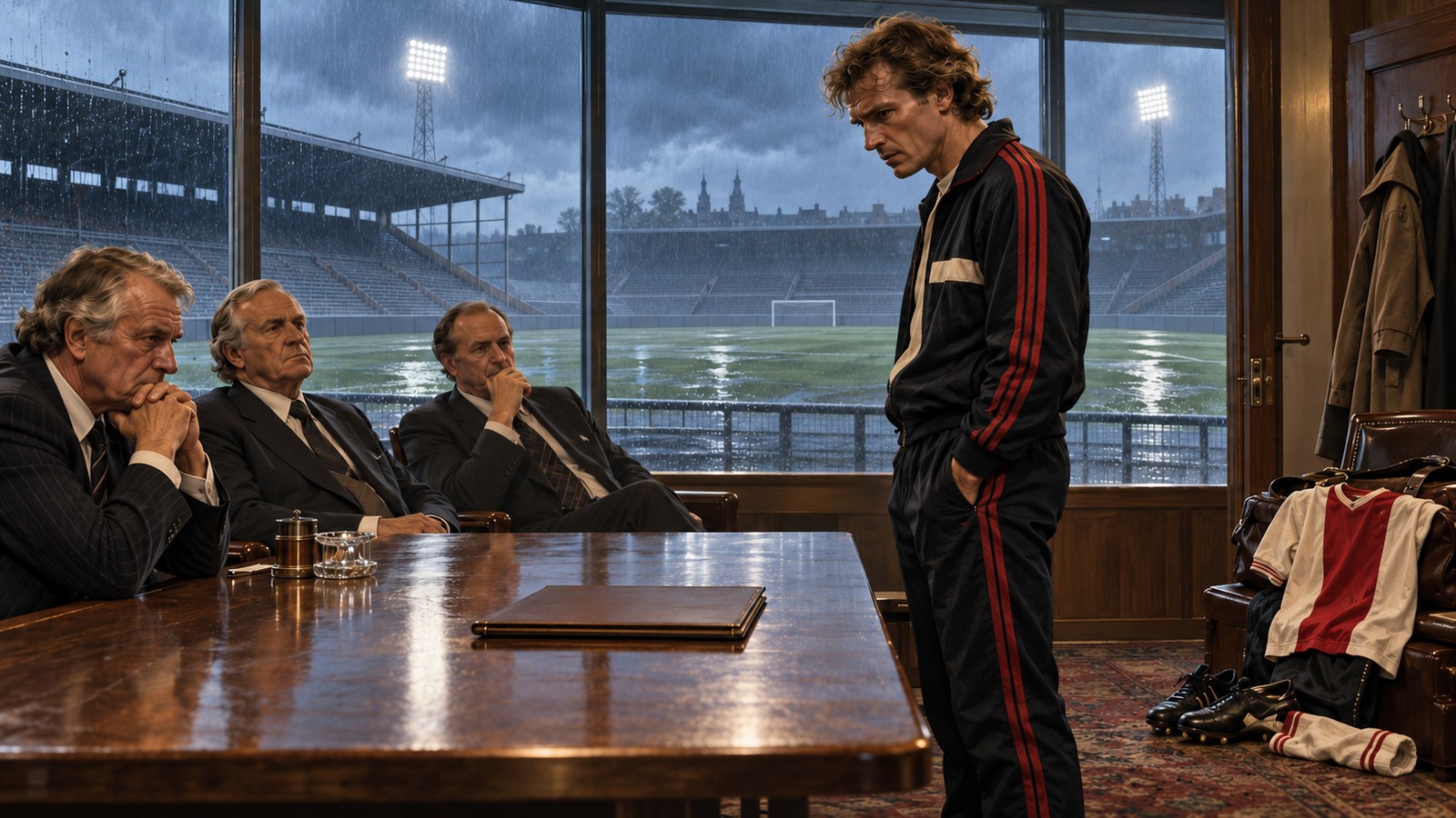 A fictional older Dutch playmaker stands after a tense 1983 stadium contract meeting