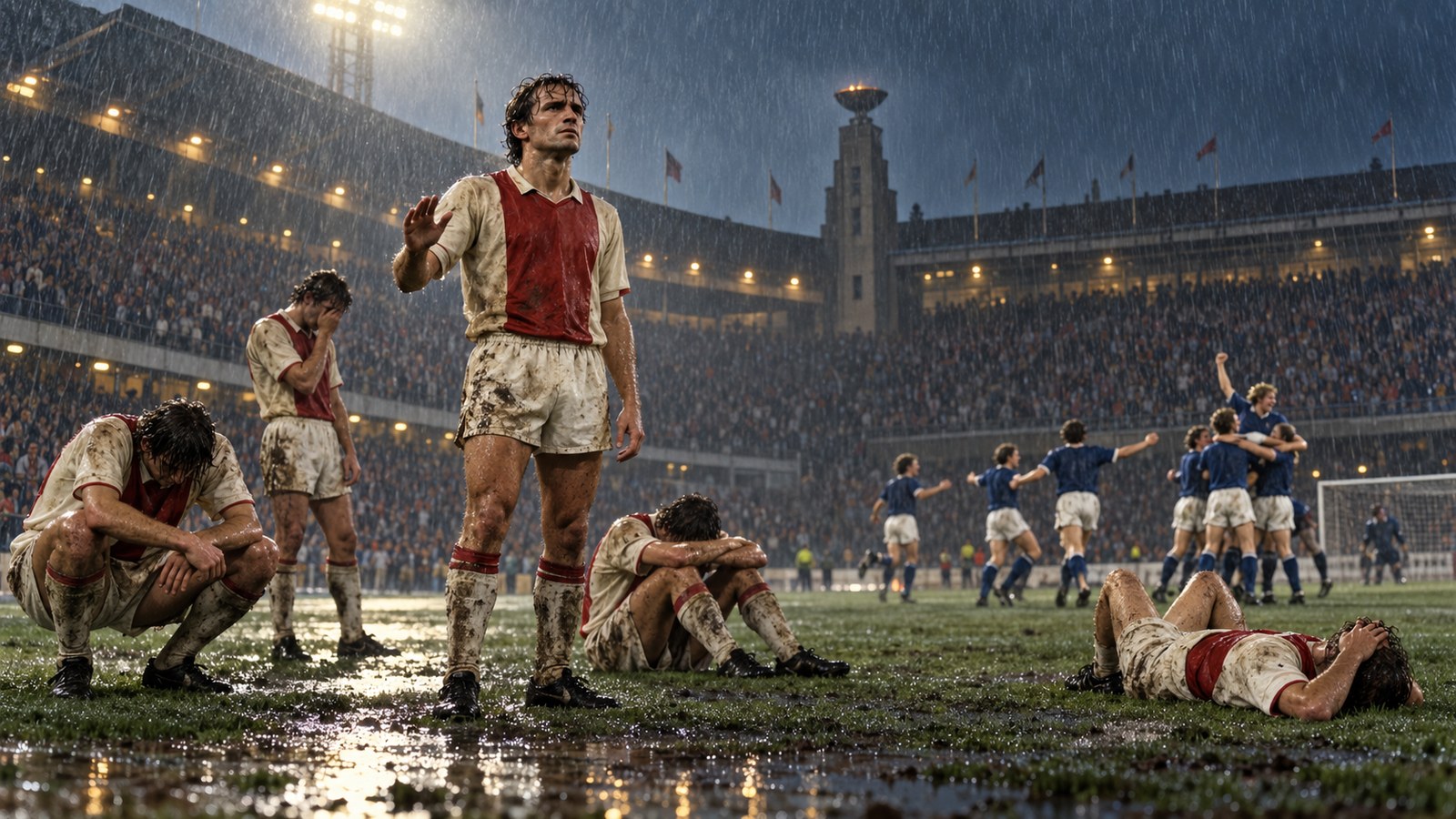 A fictional older playmaker raises a hand after a crushing rivalry defeat in heavy rain
