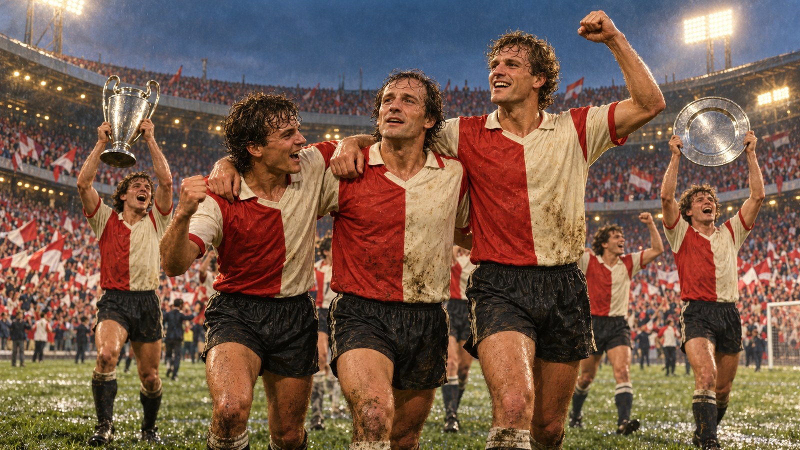 Fictional Feyenoord-inspired players celebrate a league-and-cup double in a rain-soaked stadium