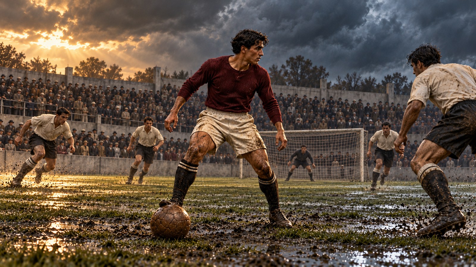 Fictional young Mexican defender controls a stitched leather football on a muddy pitch at the 1930 World Cup