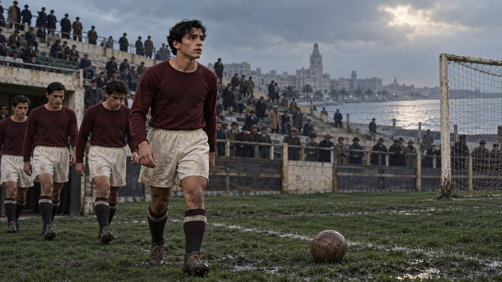 A young Mexican defender walks onto a modest Montevideo football ground at the start of the 1930 World Cup