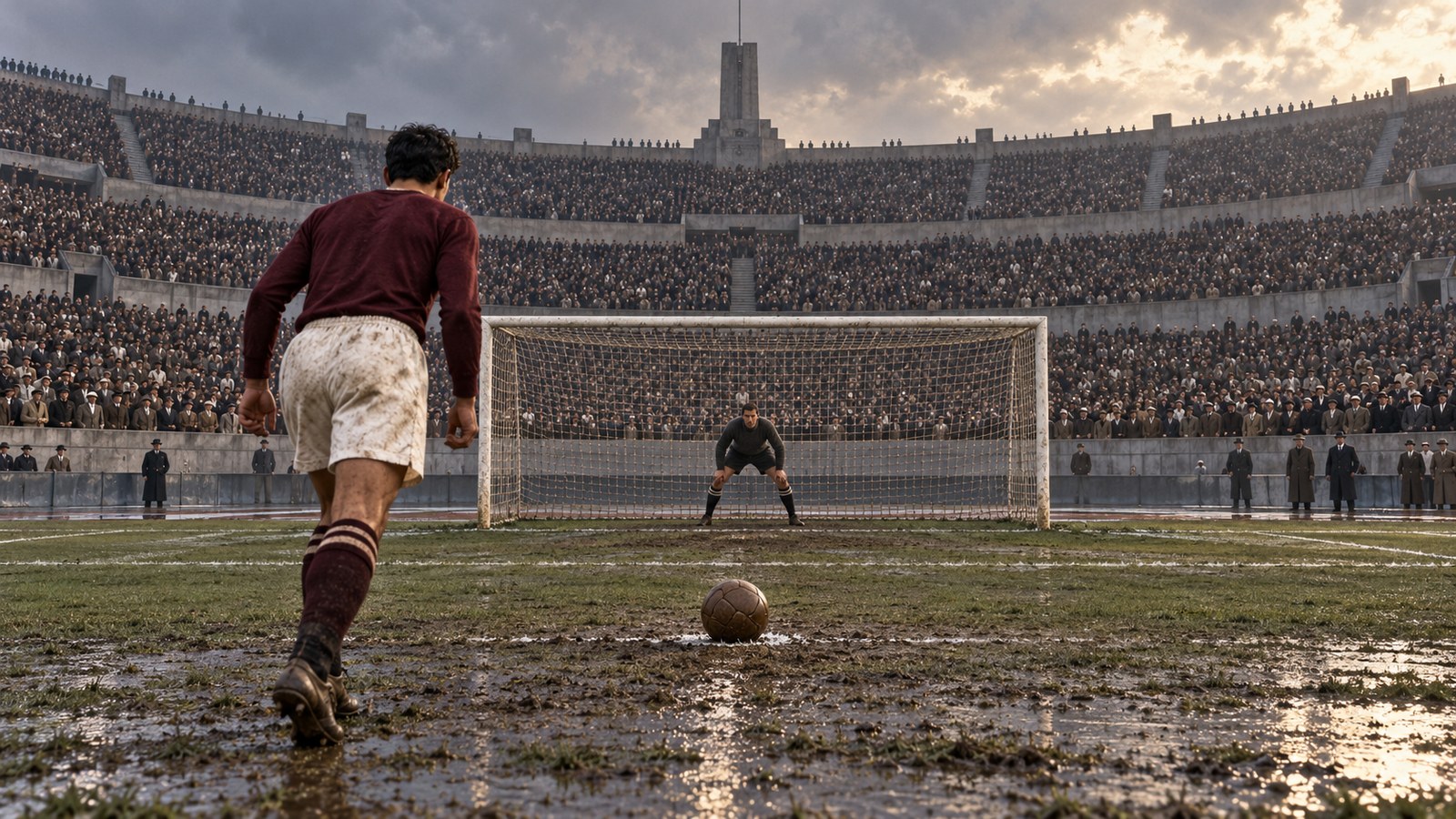 A Mexican defender prepares to take a penalty in the vast Centenario during the 1930 World Cup