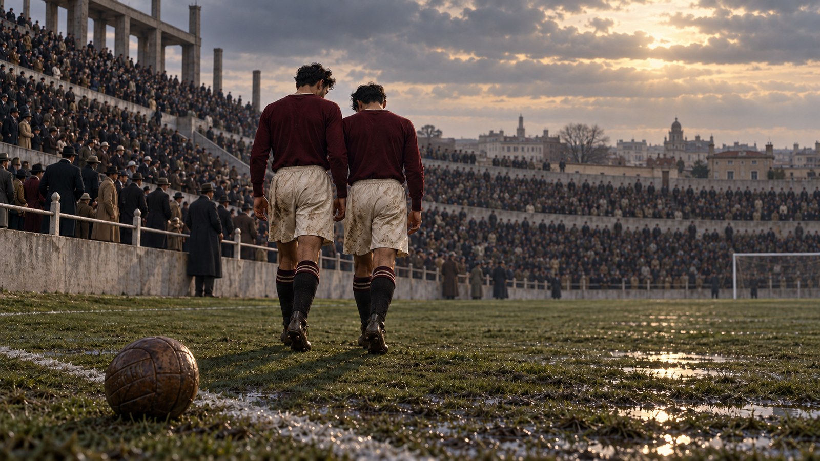 Two fictional Mexican brothers in plain 1930 football kits leave a Montevideo pitch together after a crowded World Cup match