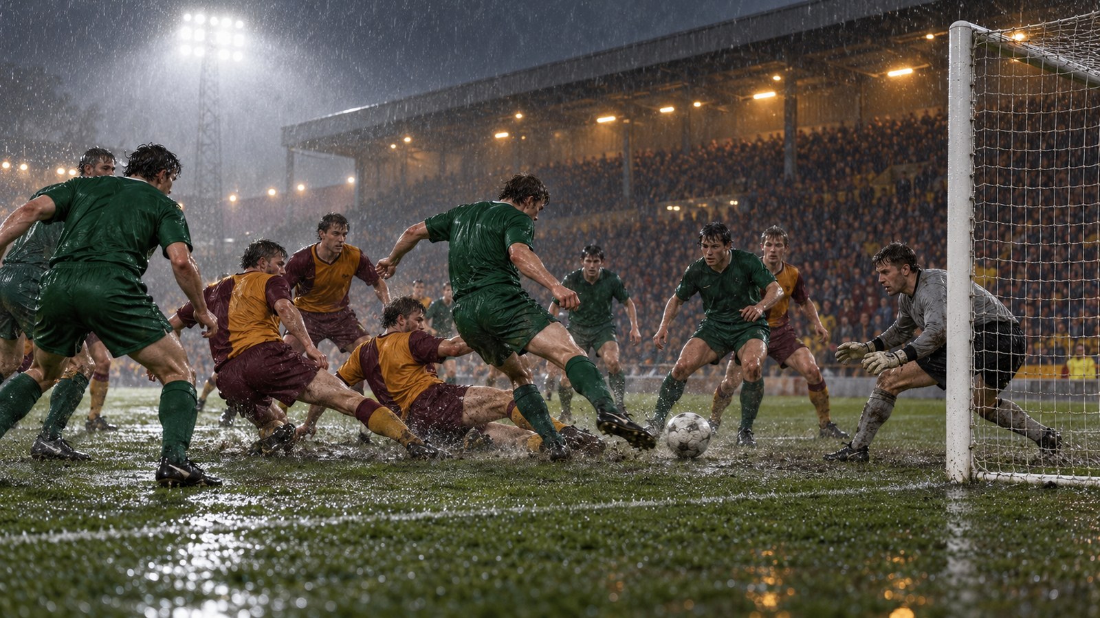 A floodlit Scottish football match in 2010 with the away side pressing near the goal